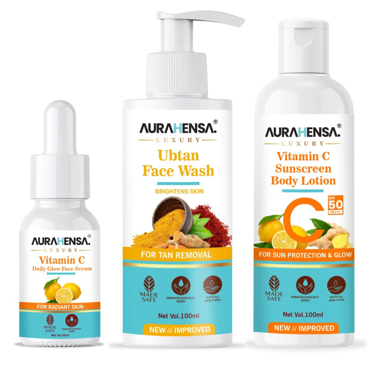 Ultimate Face Care Combo - Vitamin C Serum + Ubtan Face Wash + Sunscreen Body Lotion for Anti Aging, Brighter and Shiny Skin All Day