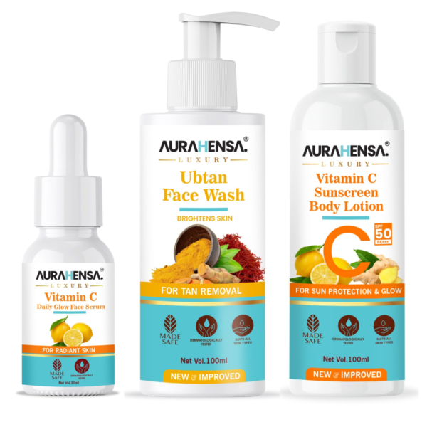 Ultimate Face Care Combo - Vitamin C Serum + Ubtan Face Wash + Sunscreen Body Lotion for Anti Aging, Brighter and Shiny Skin All Day