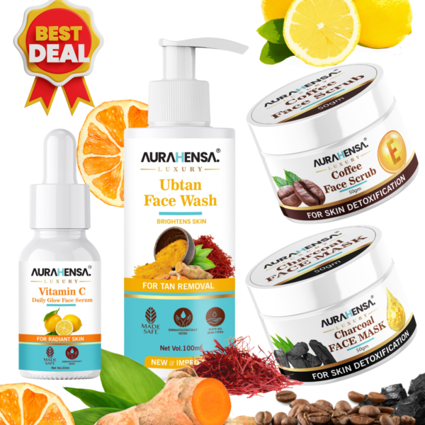 Ultimate Face Care Combo - Vitamin C Serum + Charcoal Face Mask + Coffee Face Scrub + Ubtan Face Wash for Anti Aging, Brighter and Shiny Skin All Day (Copy)